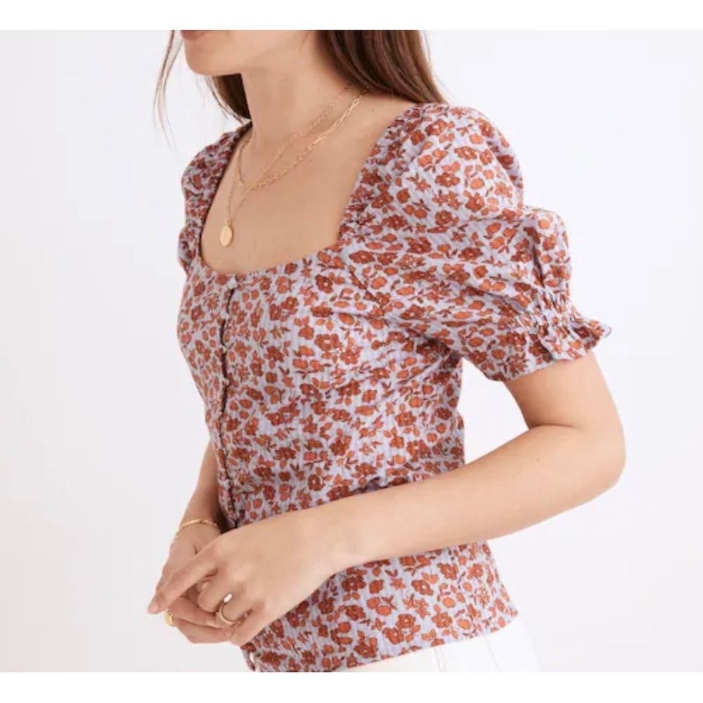 Madewell Floral Puff Button Smocked Back Blouse Top Blue Orange 4 cottage boho y
